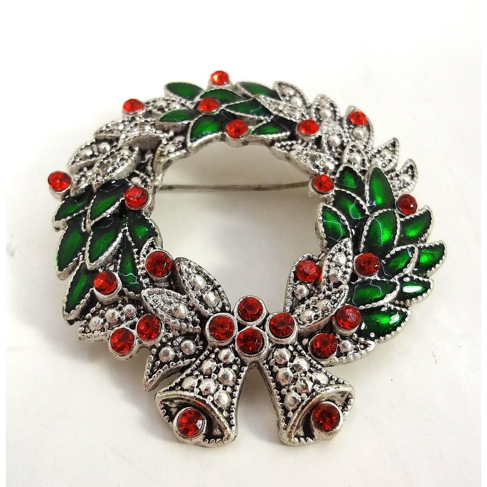 Kenneth Cole Christmas Wreath Brooch Green Enamel Red Rhinestone Holiday Pin